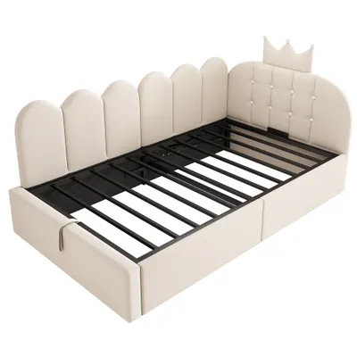 Pat de zi tapițat 90x200 cm cu compartiment de depozitare cu sistem hidraulic, Bej | Aosom Romania