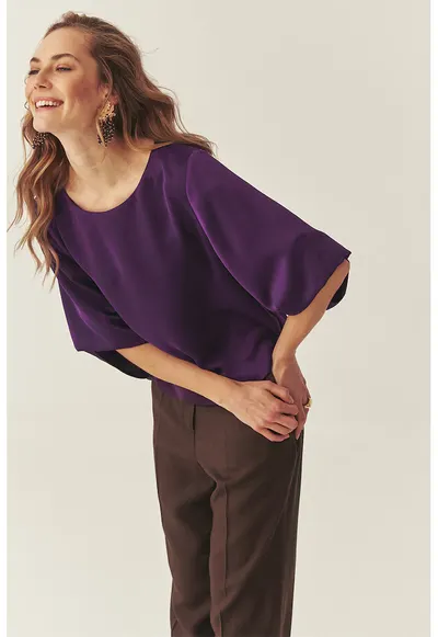 Bluza de satin cu maneci medii - Deep Purple