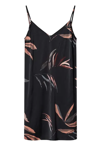 Camasa de noapte gri inchis - imprimeu floral - satinata - fara maneci - decolteu in V