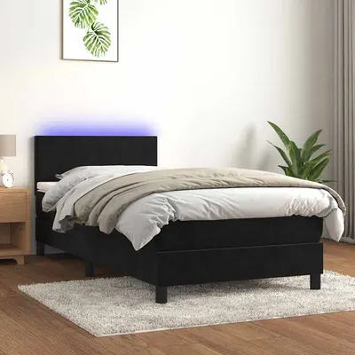 vidaXL Pat cu arcuri, saltea și LED, negru, 90x200 cm, catifea