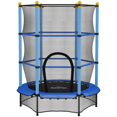 HOMCOM Trambolină Elastică pentru Copii cu Plasă de Siguranță și Țevi Căptușite, Vârstă 3-10 Ani, Ø140x190 cm, Albastru | Aosom Romania