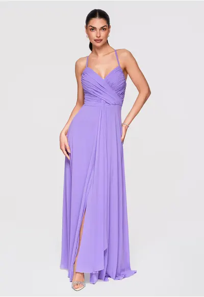Rochie maxi cu decolteu in V si ramite subtiri - Mov