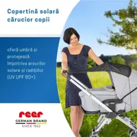 Copertina solara pentru carucior, protectie UV UPF 80+, parasolar universal reglabil, protectie vant si ploaie usoara, prindere elastica universala, montare rapida,Reer ShineSafe negru