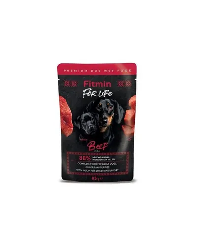 FITMIN For Life Adult and Puppies Beef bucățele cu vită în sos pentru pui și câini adulți 85 g