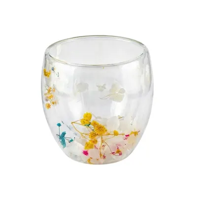 Pahar cu inserție de flori uscate, hortensii și floarea miresei, alb si galben, pereți dubli, sticlă borosilicată, 250 ml, Aurora Bloom