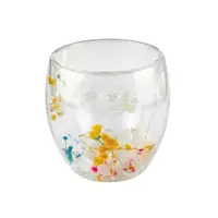 Pahar cu inserție de flori uscate, hortensii și floarea miresei, alb si galben, pereți dubli, sticlă borosilicată, 250 ml, Aurora Bloom