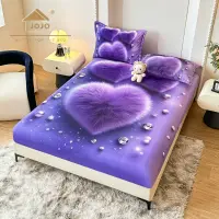 Cearsaf cu elastic, Bumbac FINET, Imprimeu 5D Identic cu Poza, 160x200cm, 2 fete de perne 50x70cm, Jojo Home, Mov, Inimioara Pufoasa