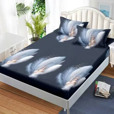 Cearsaf cu Elastic, Bumbac Satinat, 160x200 cm + 2 Fete de Perna 50x70 cm, Albastru petrol, pene