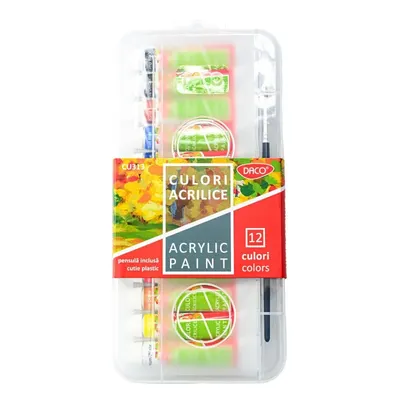 Culori acrilice, 12culori, 12ml, cutie plastic + pensula, Daco