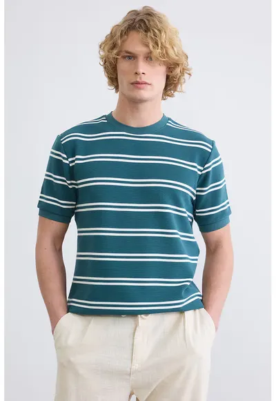 Tricou regular-fit cu dungi - Alb/Albastru petrol