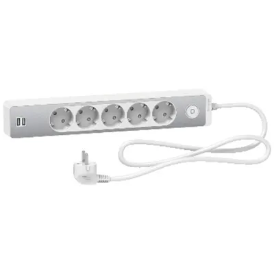 Prelungitor Unica 2P+E, 5 premii + 2 USB + intrerupator 1.5m, alb/aluminiu