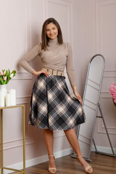 Fusta midi in carouri negru cu talie elastica si curea reglabila Monroe