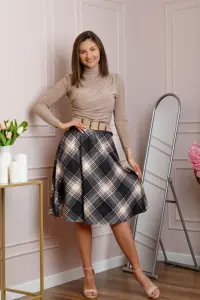 Fusta midi in carouri negru cu talie elastica si curea reglabila Monroe