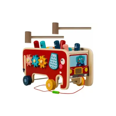 Elefant interactiv din lemn, ciocan, piese rotative, 13x23,5x11cm, multicolor