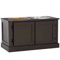 PawHut Stație de hrănire cu boluri ridicate, cu spațiu de depozitare, 60 cm x 30 cm x 34 cm, Maro + Argintiu | Aosom Romania