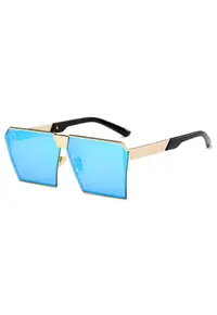 Ochelari de soare Rectangular Plat Oglinda Albastru cu Auriu - Albastru