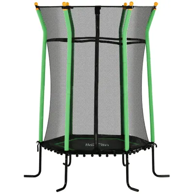 HOMCOM Trambulină Elastică pentru Copii 3-10 Ani cu Intrare cu Fermoar și Bare Căptușite, Ø163.5x190 cm, Verde | Aosom Romania