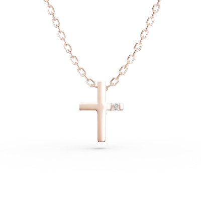 Lant cu pandantiv cruce din aur roz cu diamant de 0.01ct