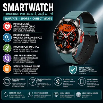SmartWatch cu Meniu Ro, Apel Bluetooth, Ritm Cardiac, Nivel Oxigen, Calculator, Calendar, Vreme, Moduri Sport, Calorii, Alarma S875