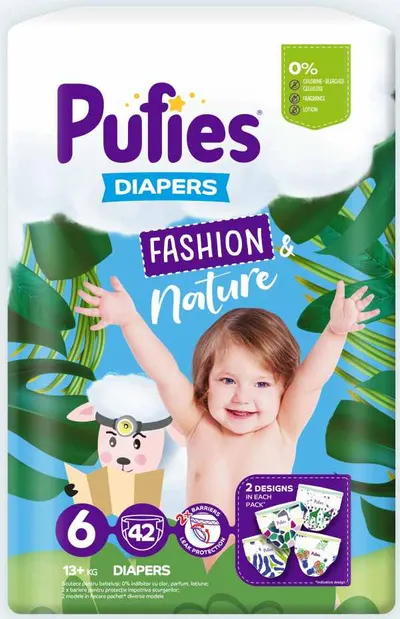 Scutece pentru bebeluși Pufies Sensitive - Extra Large, mărimea 6, 42 buc, 13+ kg, Maxi Pack