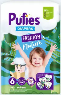 Scutece pentru bebeluși Pufies Sensitive - Extra Large, mărimea 6, 42 buc, 13+ kg, Maxi Pack
