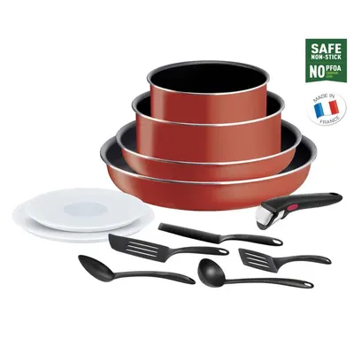 Set de 12 piese Tefal Ingenio Easy Cook Clean, invelis antiaderent Titanium, indicator temperatura Thermo-Signal, maner detasabil, rosu
