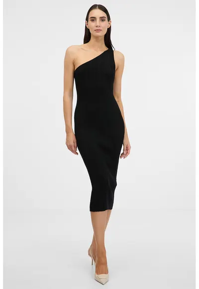 Rochie midi texturata cu decolteu pe un umar - Negru