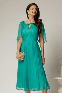 Rochie midi turcoaz din matase cu detaliu floral si decolteu V