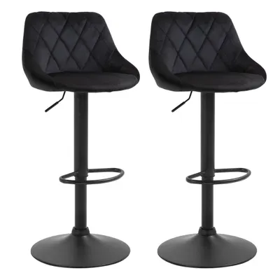 HOMCOM Set de 2 tabureți de bar cu spătar, aspect catifelat, cadru din oțel, scaune de bucătărie reglabile înălțime cu suport pentru picioare, rotative, taburet de bar, negru | Aosom Romania