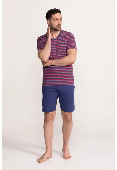 Pijama cu decolteu in V si pantaloni scurti Noah - Rosu/Albastru inchis