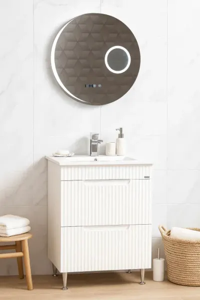 Set Baza front MDF cu Lavoar si Oglinda cu iluminare LED, seria 033, cu sertare, montat, 60 cm, alb