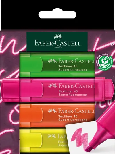 Marcatori de text Faber-Castell 1546 - 4 culori neon, într-o cutie de carton