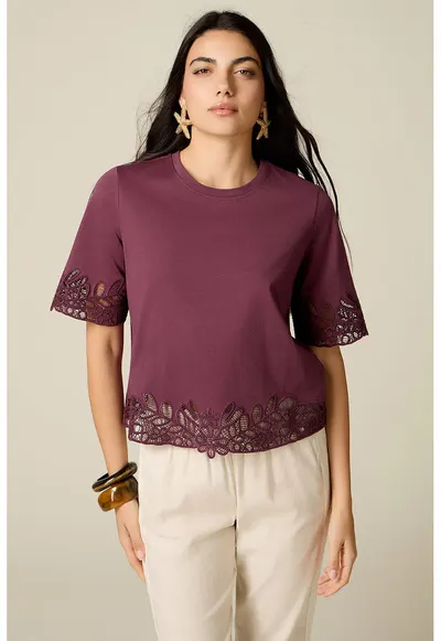 Tricou cu maneci medii si detalii perforate - Violet pruna