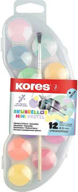 Vopsele de acuarelă Kores - Pastel, 12 culori, cu pensulă
