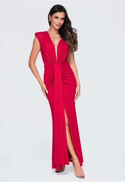 Rochie maxi cu decolteu adanc in V - Rosu