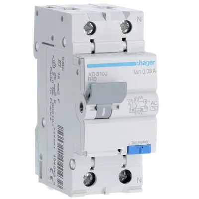 Disjunctor diferential 1P+N 10A/30mA curba B tip AC 4.5kA Hager AD810J