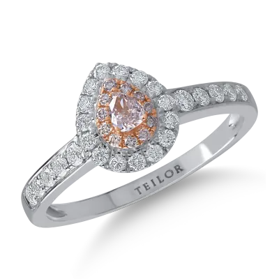 Inel din aur alb-roz cu diamante transparente de 0.35ct si diamante roz pear si rotunde de 0.16ct