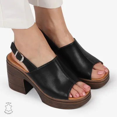 Sandale Dama din Piele Naturala cu Toc Gros Crl1409 Negru