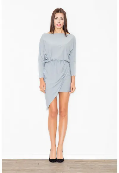 Rochie asimetrica - eleganta - cu maneci lungi - poliester - Gri