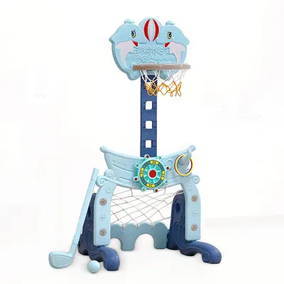 Set de joaca 4 in 1 Nichiduta Garden Dolphin Blue cu Poarta fotbal, Cos de baschet cu inaltime reglabila, Cosa si minge de golf, Joc de indemanare cu inele