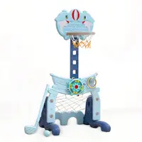 Set de joaca 4 in 1 Nichiduta Garden Dolphin Blue cu Poarta fotbal, Cos de baschet cu inaltime reglabila, Cosa si minge de golf, Joc de indemanare cu inele