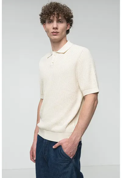 Pulover cu guler polo cu maneci trei sferturi - Crem