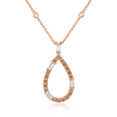 Lant cu pandantiv din aur roz cu diamante maro si diamante incolore baguette si rotunde de 1.41ct