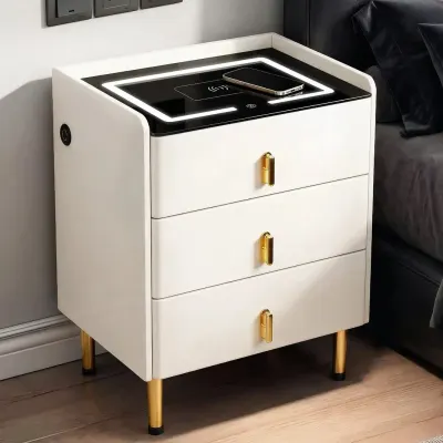Noptieră Smart cu 3 sertare, încărcare wireless, LED, Bluetooth, USB și Type-C, alba