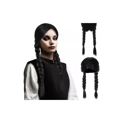 Peruca femei par sintetic, 2 codite impletite, circumferinta cap 52,7 - 57,3 cm, negru