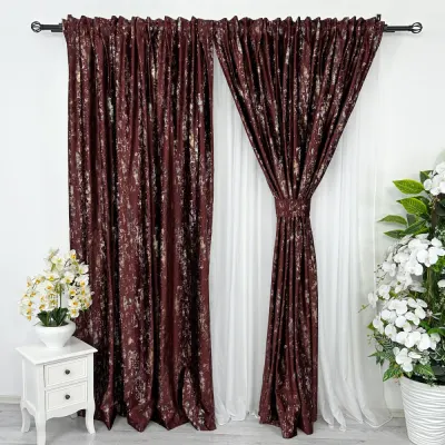 Set 2 Draperii Catifea CRETA cu insertii aurii - 200cm x 232cm ,Rejansa pt. bara , Visiniu - V10