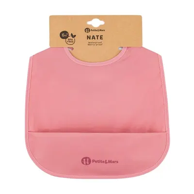 Baveta impermeabila cu buzunar, Petite&Mars, Nate, Fara PVC si ftalati, 37 × 27 cm, 6 luni+, Prindere velcro, Roz