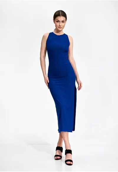 Rochie midi albastra - fara maneci - poliester - design creion