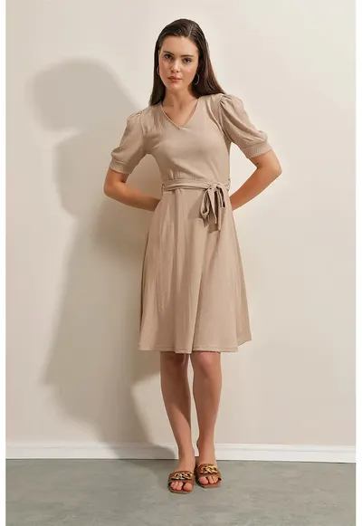 Rochie midi - HiCCUP - tricotata - decolteu in V - funda - bej - jerseu