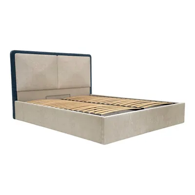 Pat matrimonial albastru/bej tapițat cu spațiu de depozitare cu somieră 160x200 cm Mara – Bobochic Paris